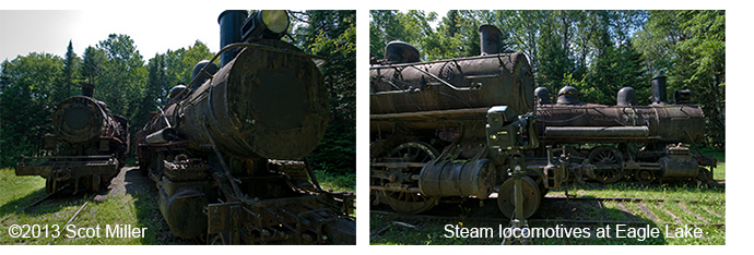 Photo  by Scot Miller of 2 old steam locomotives at Eagle Lake